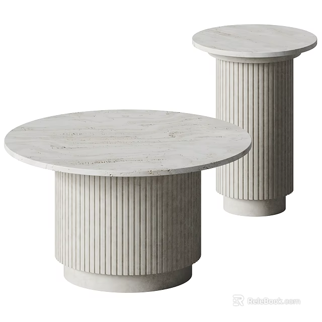 Two Modern Minimalist Coffee Tables With Round Top Fluted Base And Marble Surface 3d model