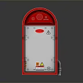 Modern Red Entry Gate With White Panel Safety Signs And Control Buttons 3d model