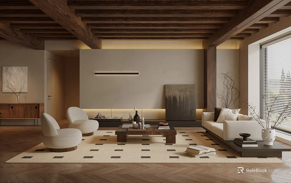 Living Room Interior With Wooden Ceiling Beige Walls White Armchairs Sofa Geometric Rug Decorative Painting 3d model 