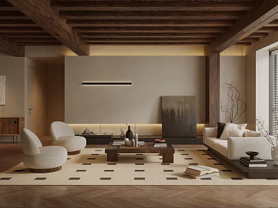 Living Room Interior With Wooden Ceiling Beige Walls White Armchairs Sofa Geometric Rug Decorative Painting 3d model