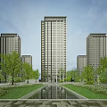 Modern High Rise Residential Building With Surrounding Greenery Water Features And Lighting