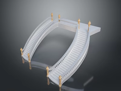 White Curved Staircase Model With Golden Decorative Pillars And Railings On Gray Background 3d model
