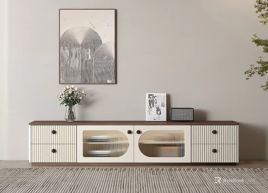 Modern TV Stand White And Brown With Drawers Glass Doors Decorative Painting And Flower Vase 3d model 