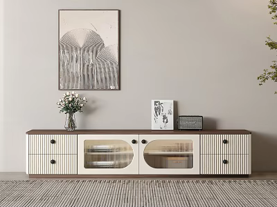Modern TV Stand White And Brown With Drawers Glass Doors Decorative Painting And Flower Vase 3d model