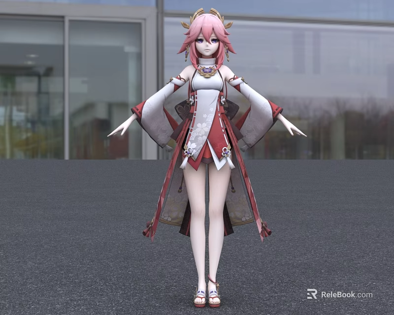 Game And Movie Character With Pink Hair Red And White Outfit Standing Modern Building Background 3d model 