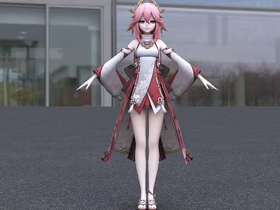 Game And Movie Character With Pink Hair Red And White Outfit Standing Modern Building Background 3d model