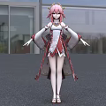 Game And Movie Character With Pink Hair Red And White Outfit Standing Modern Building Background