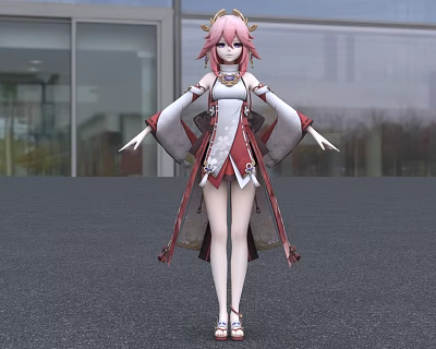 Game And Movie Character With Pink Hair Red And White Outfit Standing Modern Building Background 3d model