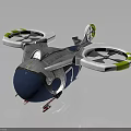 Futuristic Space Aerospace Drone With Blue Body White Rotors Yellow Stripes Landing Gear Details