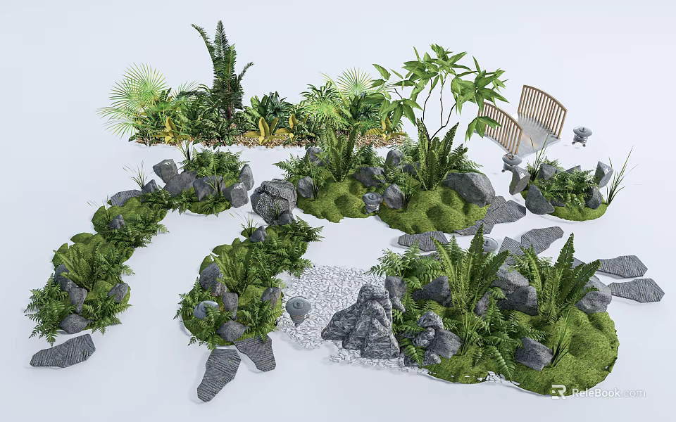 Natural Microlandscape Design with Various Green Plants Rocks Small Pathway and Lush Moss 3d model 