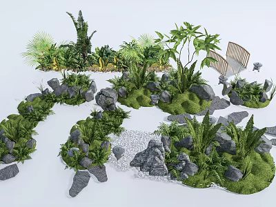 Natural Microlandscape Design with Various Green Plants Rocks Small Pathway and Lush Moss 3d model