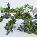 Natural Microlandscape Design with Various Green Plants Rocks Small Pathway and Lush Moss