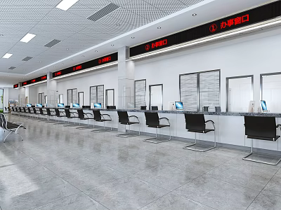 Spacious Service Hall Interior With Service Windows Counters Computers And Black Chairs 3d model