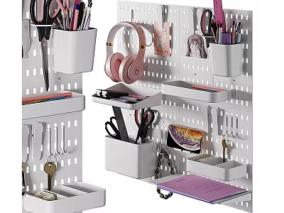 White Wall Mounted Pegboard Organizer With Stationery Storage Bins Hooks And Accessories 3d model