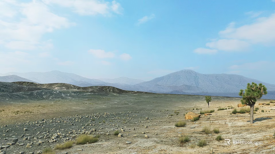 Beautiful Park Landscape With Sparse Vegetation Distant Mountains And Blue Sky White Clouds 3d model 