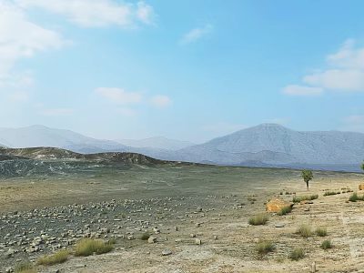 Beautiful Park Landscape With Sparse Vegetation Distant Mountains And Blue Sky White Clouds 3d model