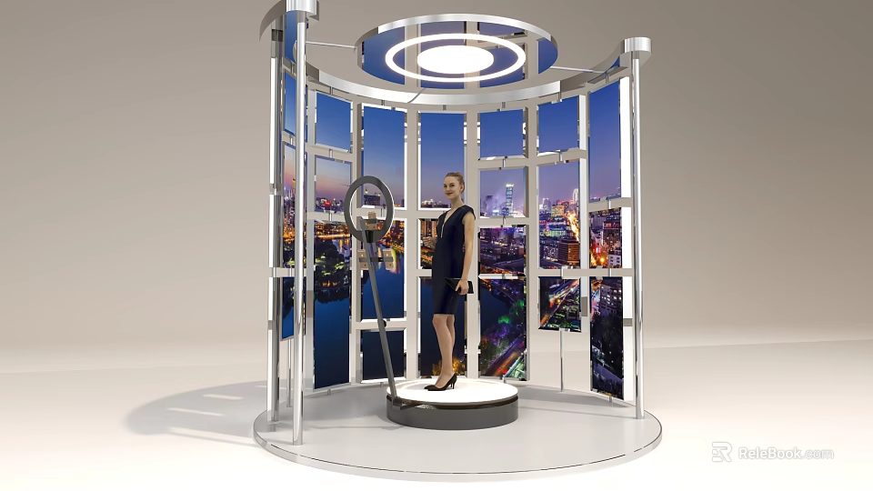 Commercial Display Equipment with Circular Platform Curved Screens Top Lighting and City Night View Background 3d model 
