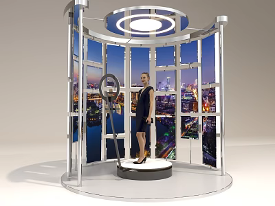 Commercial Display Equipment with Circular Platform Curved Screens Top Lighting and City Night View Background 3d model