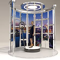 Commercial Display Equipment with Circular Platform Curved Screens Top Lighting and City Night View Background