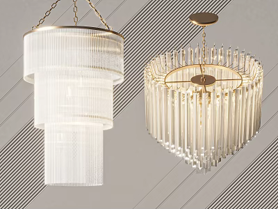 Modern Elegant Crystal Chandeliers with Layered White Cylinders and Gold Frame Elongated Crystal Strands 3d model