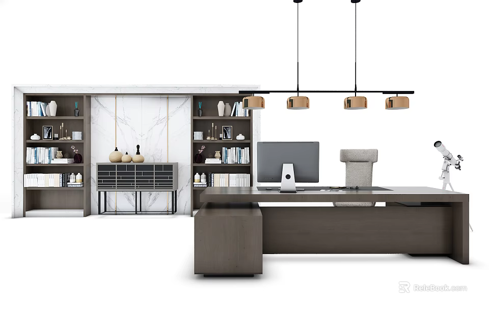 Modern Office Desk with Bookshelves Books Pendant Lights and Marble Wall 3d model 