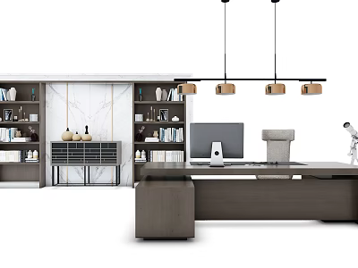 Modern Office Desk with Bookshelves Books Pendant Lights and Marble Wall 3d model