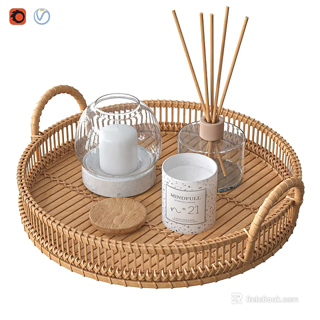 Elegant Morning Tea Set with Glass Cover Cup on Wicker Tray and Reed Diffuser 3d model 