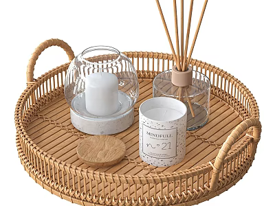 Elegant Morning Tea Set with Glass Cover Cup on Wicker Tray and Reed Diffuser 3d model
