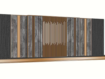 Modern Feature Wall Design With Wooden Strips Stone Panels And Vertical Patterns In Gray Brown 3d model