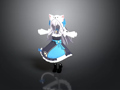 Anime Style Character With Cat Ears And Long White Hair In Blue Black Dress 3d model