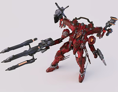 Red Detailed Sci Fi Mecha With Mechanical Armor And Multiple Weapons 3d model