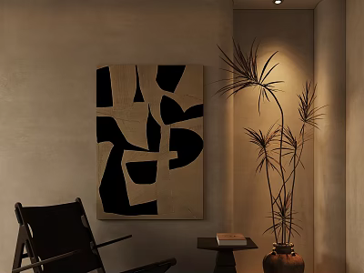 Stylish Black Leisure Chair With Abstract Painting Palm Plant And Side Table In Beige Room 3d model