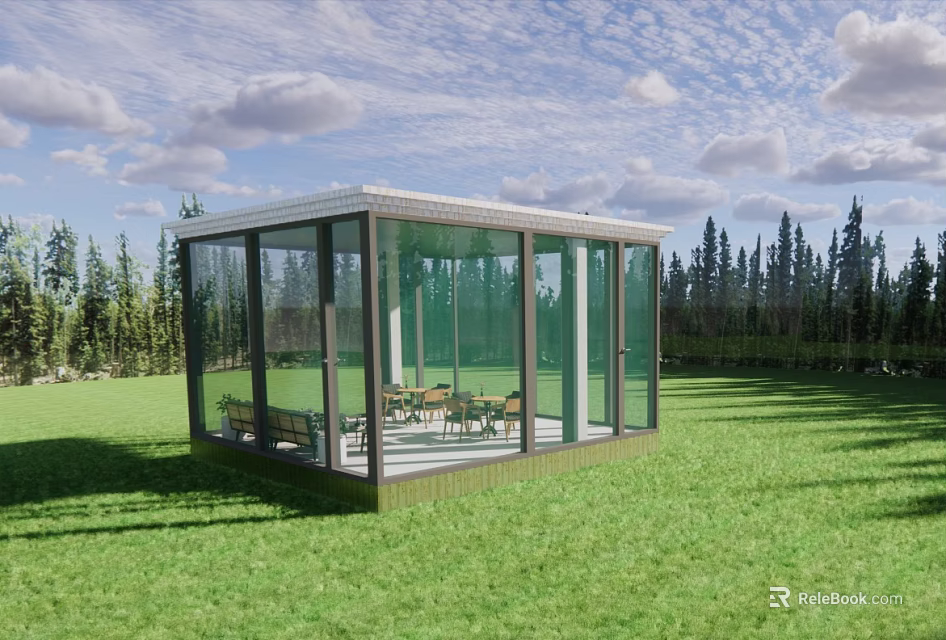 Transparent Glass House With Wooden Tables And Chairs In Green Grassland And Forest 3d model 