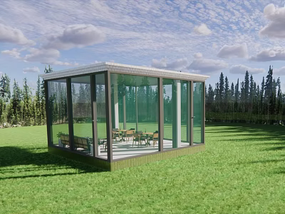 Transparent Glass House With Wooden Tables And Chairs In Green Grassland And Forest 3d model