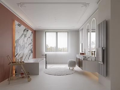 Elegant Modern Bathroom Interior With Marble Wall Bathtub Mirrors Window Blinds And Round Rug 3d model