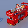 Commercial Outdoor Setup With Red Double Decker Bus Decorative Balloons Flowers Bench And Street Lamp