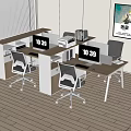 Modern Office Desk Setup With Computer Monitors Ergonomic Chairs Bookshelves And Wall Art