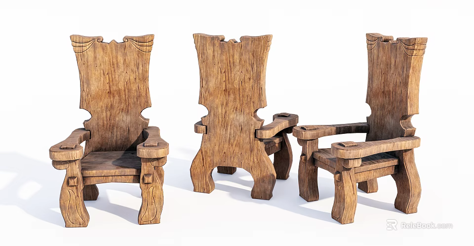 Set of Three Rustic Wooden Leisure Chairs with Natural Grain and Unique Backrest Design 3d model 