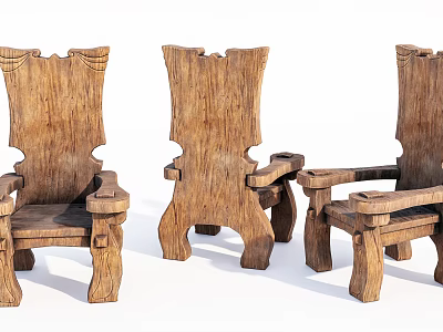 Set of Three Rustic Wooden Leisure Chairs with Natural Grain and Unique Backrest Design 3d model
