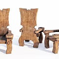 Set of Three Rustic Wooden Leisure Chairs with Natural Grain and Unique Backrest Design