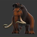 Furry Brown Mammoth With Long White Tusks Standing On Dark Surface