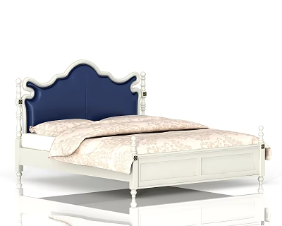 Elegant Double Bed With Navy Blue Leather Headboard White Decorative Frame And Floral Patterned Bedding 3d model