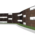 Modern Curved Wooden Slat Feature Wall With Windows And Mountain View Near Lawn