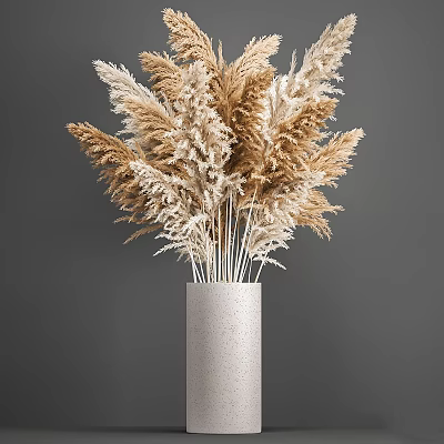 Minimalist Decorative Ornament Set With Beige And Brown Dried Pampas Grass In Gray Vase 3d model