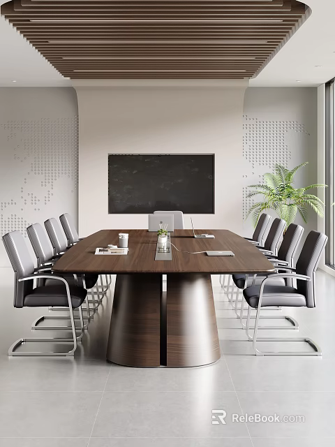 Modern Dark Wooden Conference Table With Leather Office Chairs In Bright Spacious Professional Meeting Room 3d model 