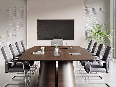 Modern Dark Wooden Conference Table With Leather Office Chairs In Bright Spacious Professional Meeting Room 3d model