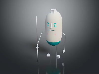 Cartoon Style Game Character With White Body Blue Face And Spear 3d model