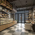 Modern Dessert Shop Interior With Wooden Shelves Glass Display Cases Checkerboard Floor And Cozy Seating