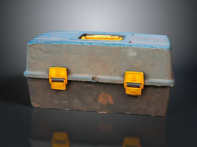 Vintage Blue And Gray Metal Toolbox With Yellow Latches And Handle 3d model