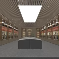 Spacious Retail Showroom Interior With Shelves Displayed Products Central Counter And Ceiling Lights